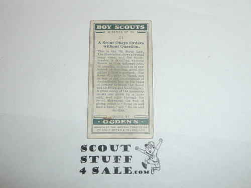 Ogden Tabacco Company Premium Card, Boy Scout Series of 50, Card #21 A Scout Obeys Orders without Question, 1929