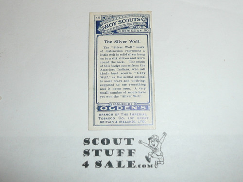 Ogden Tabacco Company Premium Card, First Boy Scout Series of 50 (Blue Backs), Card #49 The Silver Wolf, 1911