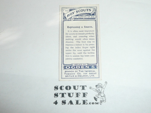Ogden Tabacco Company Premium Card, Second Boy Scout Series of 50 (Blue Backs), Card #78 Repressing a Sneeze, 1912