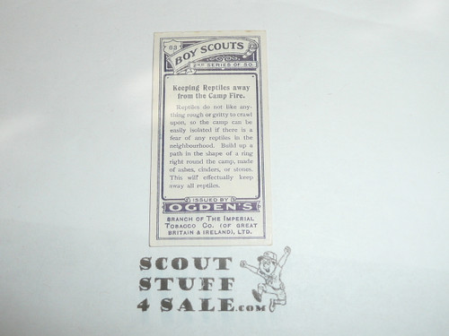 Ogden Tabacco Company Premium Card, Second Boy Scout Series of 50 (Blue Backs), Card #83 Keeping Reptiles Away from the Camp Fire, 1912