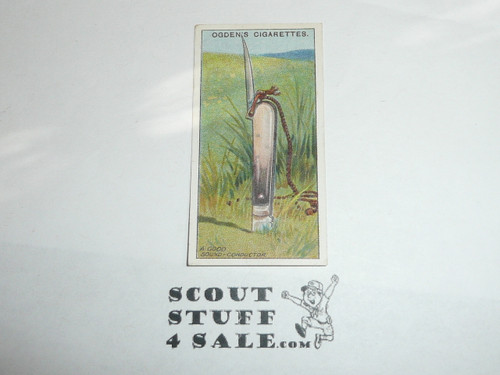Ogden Tabacco Company Premium Card, Second Boy Scout Series of 50 (Blue Backs), Card #85 A Good Sound Conductor, 1912