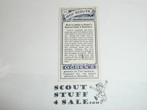 Ogden Tabacco Company Premium Card, Second Boy Scout Series of 50 (Blue Backs), Card #94 How to Make a Scout's Button from a Bootlace, 1912