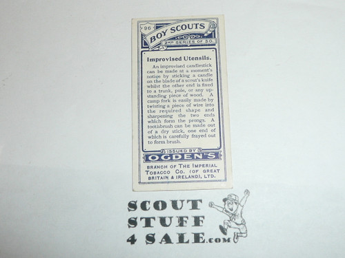 Ogden Tabacco Company Premium Card, Second Boy Scout Series of 50 (Blue Backs), Card #96 Improvised Utencils, 1912
