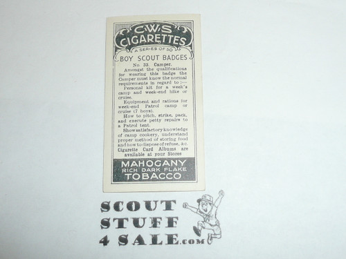 CWS Cigarette Company Premium Card, Boy Scout Badges Series of 50, Card #33 Camper, 1939