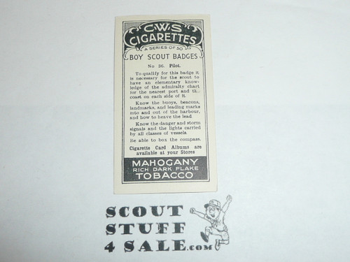 CWS Cigarette Company Premium Card, Boy Scout Badges Series of 50, Card #36 Pilot, 1939
