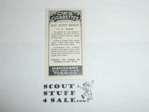 CWS Cigarette Company Premium Card, Boy Scout Badges Series of 50, Card #37 Plumber, 1939