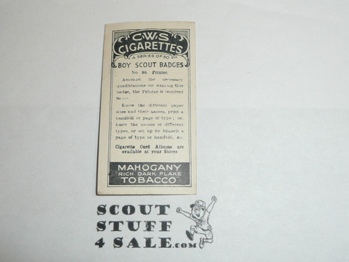 CWS Cigarette Company Premium Card, Boy Scout Badges Series of 50, Card #38 Printer, 1939