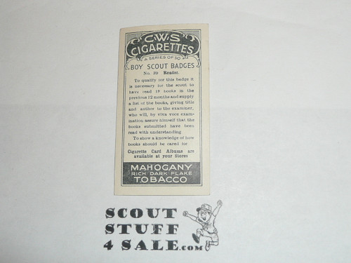 CWS Cigarette Company Premium Card, Boy Scout Badges Series of 50, Card #39 Reader, 1939