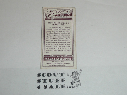 Churchman Cigarette Company Premium Card, Boy Scout Series of 50, Card #8 How to Sharpen a Plane-iron, 1916