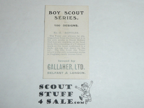 Gallaher ltd Cigarette Company Premium Card, Boy Scout Series of 100, Card #16 Reptiles, 1911