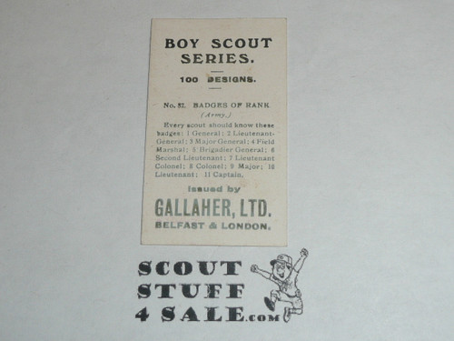 Gallaher ltd Cigarette Company Premium Card, Boy Scout Series of 100, Card #82 Badges of Rank Army, 1911