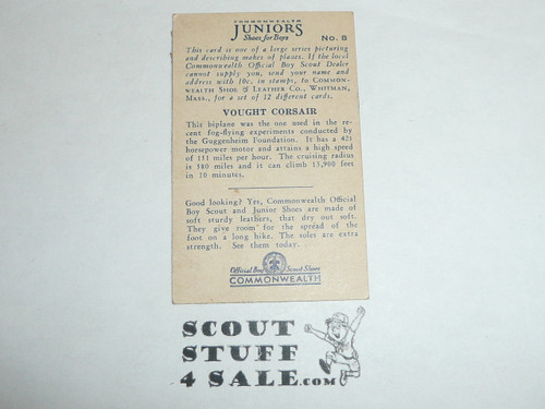 Commonwealth Shoe Company, Makers of Boy Scout Shoes, Boy Scout Airplane Card Series of 50, #8 Vought Corsair, 1930, tape on card