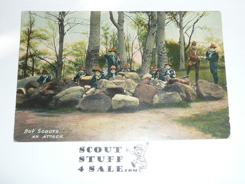 1908 British Boy Scout Postcard, colorized Photo Postcard, Boy Scouts An Attack