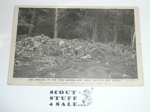 Teens British Boy Scout Postcard, An Ambush in the Pine Woods How Many Scouts are there?, unused