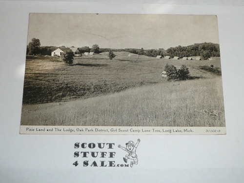 Girl Scout Post card, Pixie Land and the Lodge at Camp Lone tree, Long Lake MI, Oak Park Council, unused, 1930's?