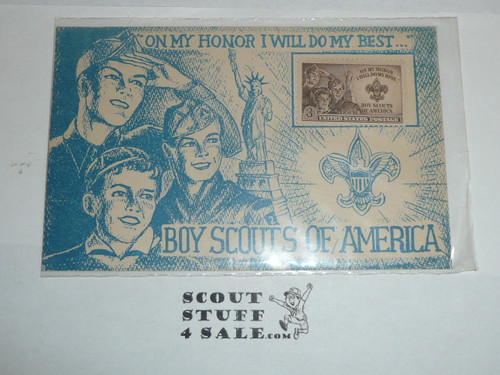 1950 National Jamboree Postcard celebrating the 3 cent Boy Scout Stamp