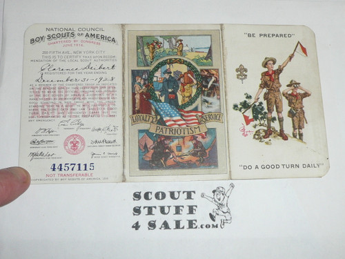 1928 Boy Scout Membership Card, 3-fold, 7 signatures, with envelope, expires December 1928, BSMC12