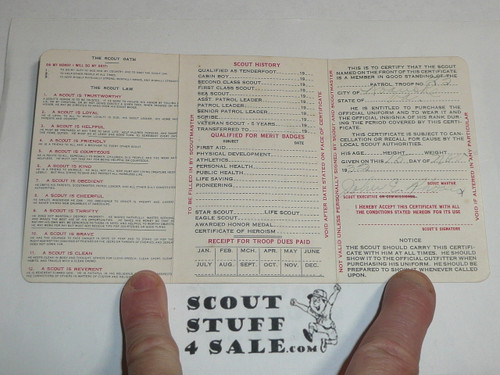 1933 Boy Scout Membership Card, 3-fold, 7 signatures, with Envelope, expires October 1933, BSMC24