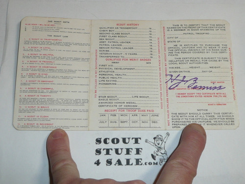 1934 Boy Scout Membership Card, 3-fold, 7 signatures, with Envelope, expires January 1934, BSMC25