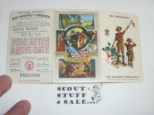 1934 Boy Scout Membership Card, 3-fold, 7 signatures, with Envelope, expires October 1934, BSMC26