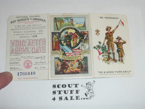 1935 Boy Scout Membership Card, 3-fold, 7 signatures, expires January 1935, BSMC27