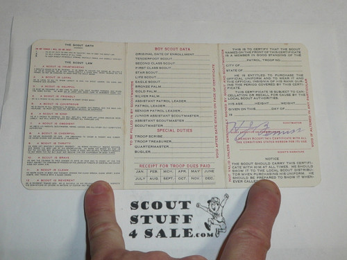 1935 Boy Scout Membership Card, 3-fold, 7 signatures, expires January 1935, BSMC27