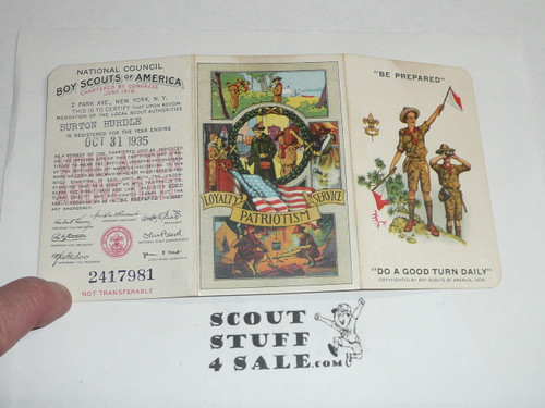 1935 Boy Scout Membership Card, 3-fold, 7 signatures, with envelope, expires October 1935, BSMC29