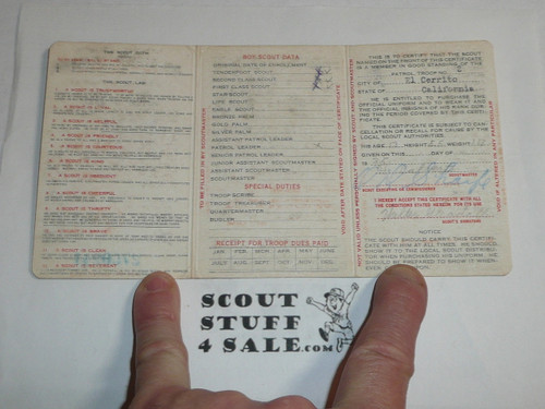 1936 Boy Scout Membership Card, 3-fold, 7 signatures, expires March 1936, BSMC31