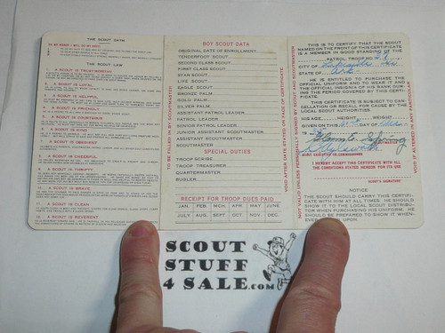 1936 Boy Scout Membership Card, 3-fold, 7 signatures, with envelope, expires March 1936, BSMC32