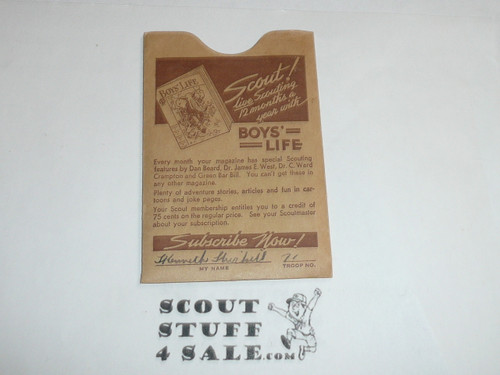 1939 Boy Scout Membership Card, 3-fold, 7 signatures, with envelope, expires October 1939, BSMC35