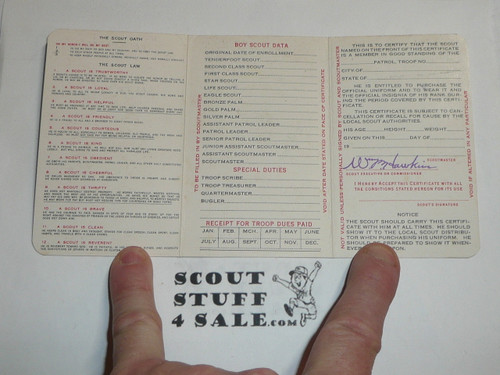 1935 Boy Scout Membership Card, 3-fold, 7 signatures, expires May 1935, BSMC66