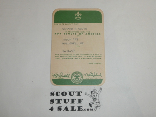 1957-1960 Boy Scout Membership Card, 2 signatures, buyer to receive a card expiring ranging from 1957-1960 of this style, BSMC71