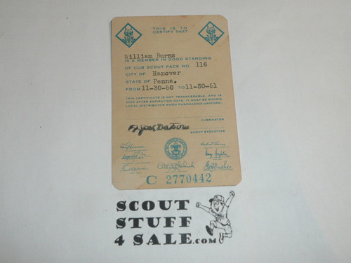 1950-1951 Cub Scout Membership Card, 7 signatures, buyer to receive a card expiring ranging from 1950-1951 of this style, BSMC80