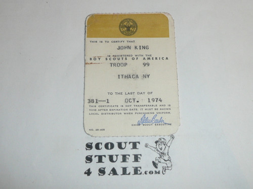 1973-1974 Boy Scout Membership Card, 2 signatures, buyer to receive a card expiring ranging from 1973-1974 of this style, BSMC96