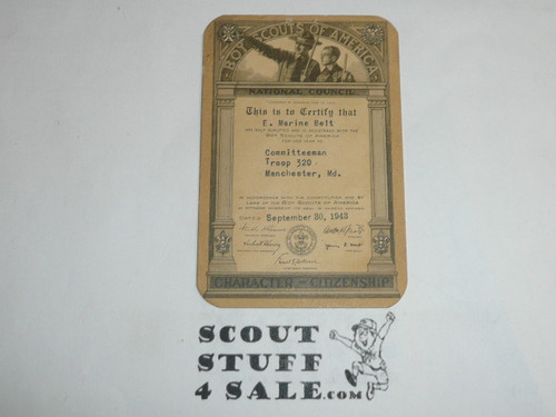 1943-1945 Boy Scout Leader Membership Card, 5 signatures, buyer to receive a card expiring ranging from 1943-1945 of this style, BSMC104