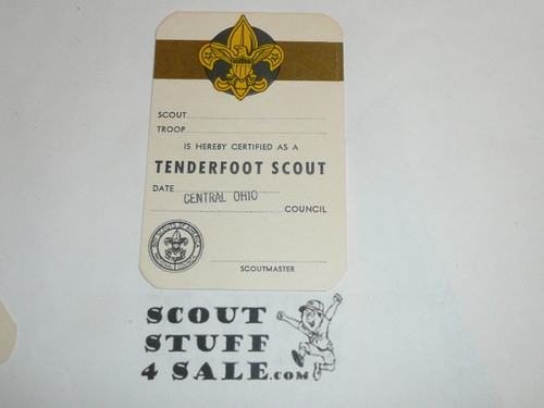 1962 Tenderfoot Scout Rank Achievement Card, Boy Scout