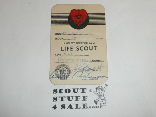 1949-1967 Life Scout Rank Achievement Card, Boy Scout, buyer to receive a used card from this period of years