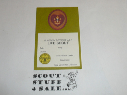 1974-1986 Life Scout Rank Achievement Card, Boy Scout, buyer to receive a blank card from this period