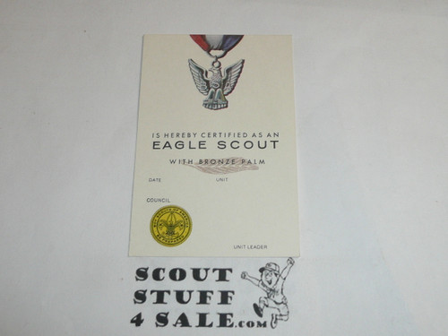 1984-1985 Eagle Scout with Bronze Palm Rank Achievement Card, Boy Scout, buyer to receive a blank card from this period