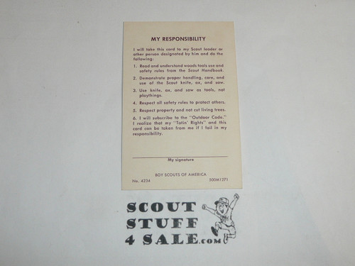 Totin' Chip Card for Boy Scout Knife Training, blank, 12-71 printing