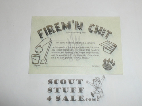 Firem'n Chit Card for Boy Scout Fire Training, blank, 1991 printing