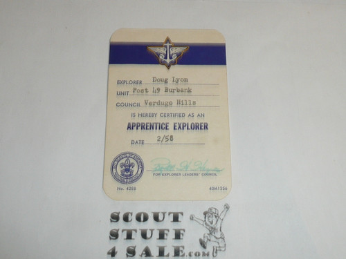 1958 Explorer Apprentice Award Achievement Card, Boy Scout