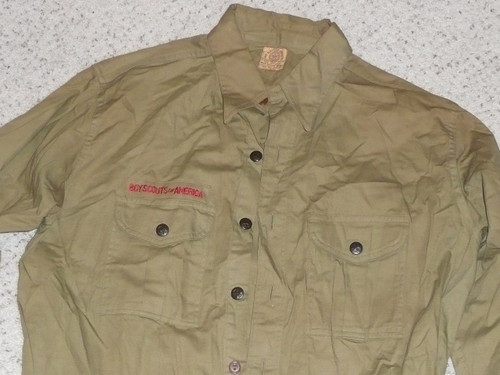 1940's Boy Scout Uniform Shirt with metal buttons in GREAT condition, SM patch and felt unit number,  22" Chest and 32" Length, #BD2