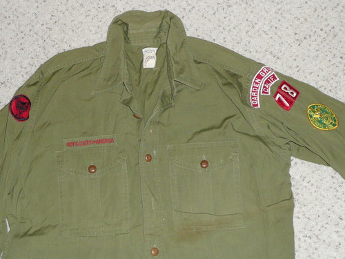 1940's Boy Scout Poplin Uniform Shirt with Bakelite buttons from Garden Grove CA with insignia, 16" Reg Neck, #BD15