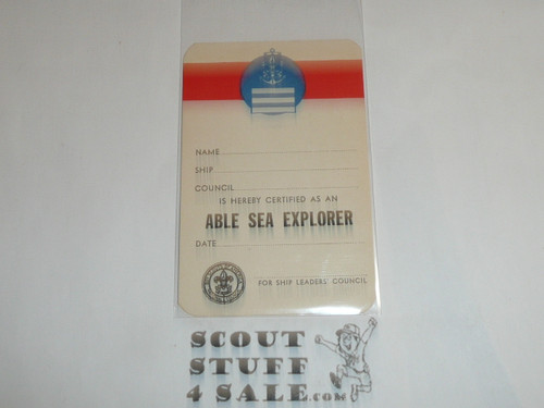 1961 Sea Scout Able Sea Explorer Award Achievement Card, Boy Scout, blank