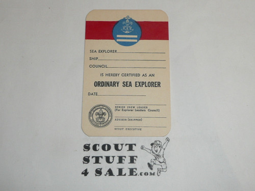 1954 Sea Scout Ordinary Sea Explorer Award Achievement Card, Boy Scout, blank