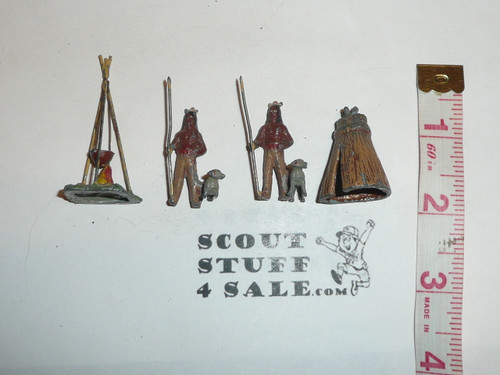 VINTAGE Set Lead Boy Scout Figurine / Toys, Painted Indians with teepee and cook for, lite wear
