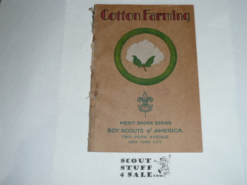 Cotton Farming Merit Badge Pamphlet, Type 3, Tan Cover, 1-40 Printing, some spine wear from library binding but book is solid