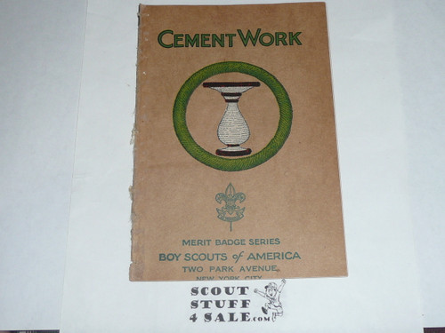 Cement Work Merit Badge Pamphlet, Type 3, Tan Cover, 6-40 Printing, some spine wear from library binding but book is solid