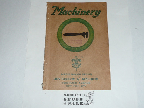 Machinery Merit Badge Pamphlet, Type 3, Tan Cover, 12-39 Printing, some spine wear from library binding but book is solid